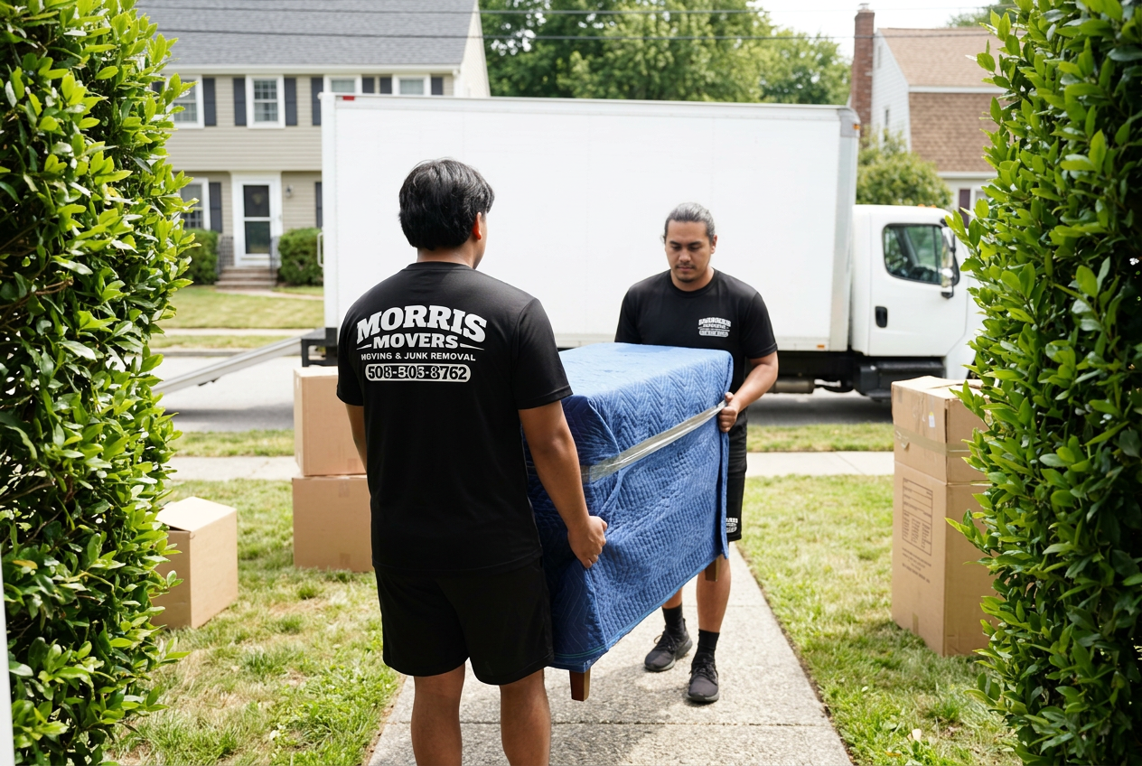 Morris Movers team carrying padded furniture to a moving truck